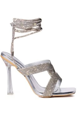AZALEA WANG DELPHINE RHINESTONE LACE UP SANDAL IN SILVER -AKIRA salestore azalea wang delphine rhinestone lace up sandal in silver silver 4 4