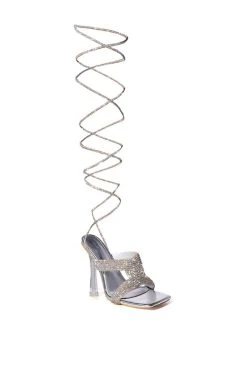 AZALEA WANG DELPHINE RHINESTONE LACE UP SANDAL IN SILVER -AKIRA salestore azalea wang delphine rhinestone lace up sandal in silver silver 5 5
