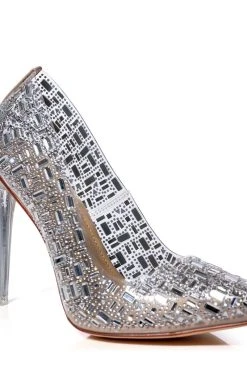 AZALEA WANG DIAMONDS DANCING PVC STILETTO PUMP IN SILVER -AKIRA salestore azalea wang diamonds dancing pvc stiletto pump in silver silver 5 5